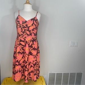 LOFT Women's Brown Peach Floral Fit & Flare Dress Size 4 Girly Sundress Tropical